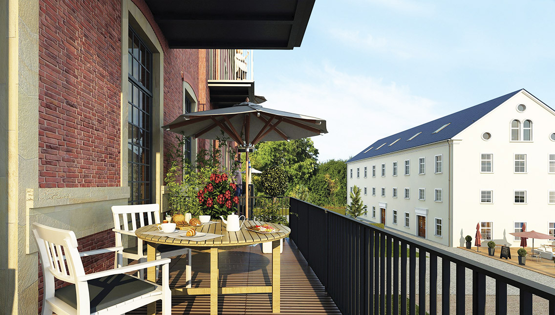 3D-Illustration eines Balkons am Klinkerbau