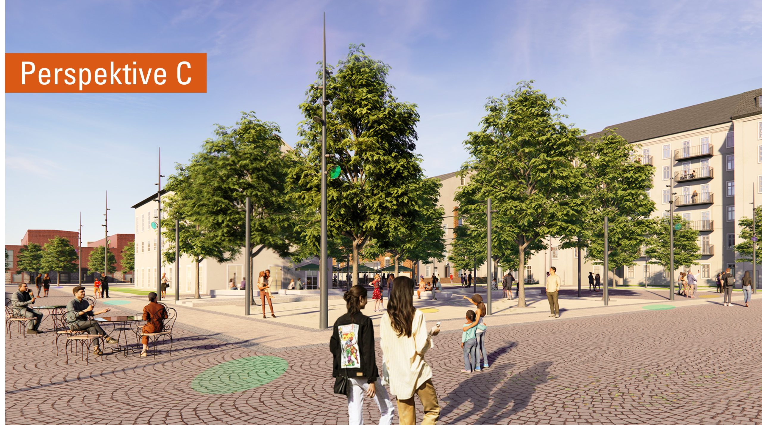 Perspektive C am Tag mit Bäumen und Leuiten